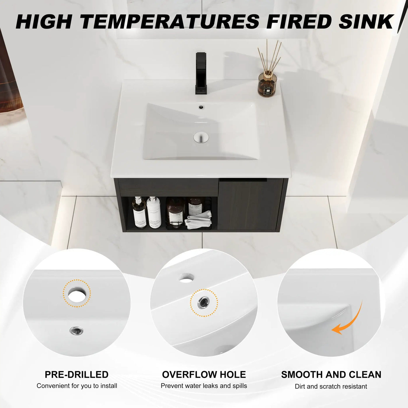 Wall Mounted Floating Bathroom Vanity With Open Shelf & Soft Close Door by HouseOfZazla