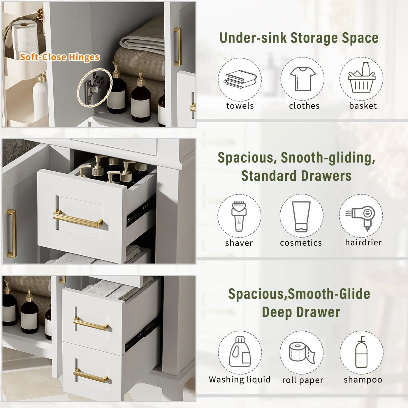 Modern Bathroom Vanity With Sink, Storage Cabinet, Soft Close Doors, Deep & Standard Drawers by Unique Piece Furniture