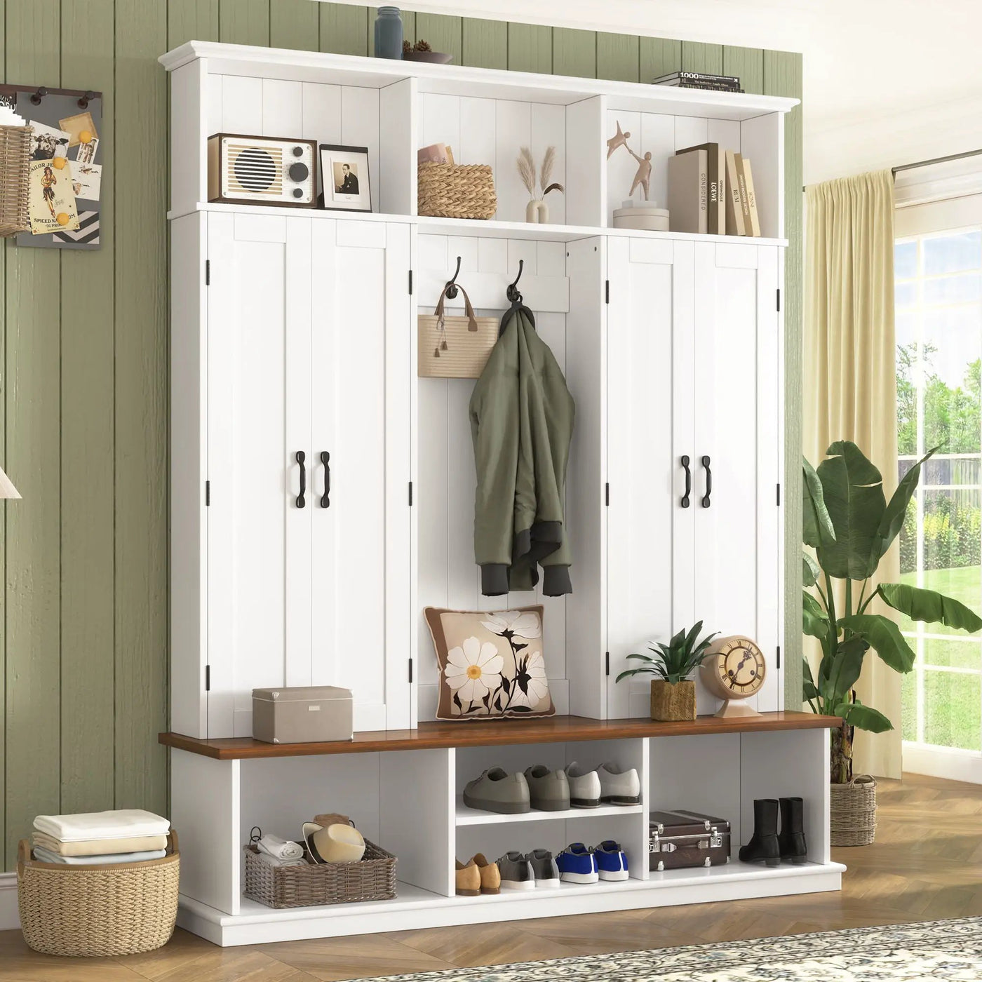 Entryway Hall Tree With Bench, 3 Top Cubbies & Bottom Storage Space by HouseOfZazla