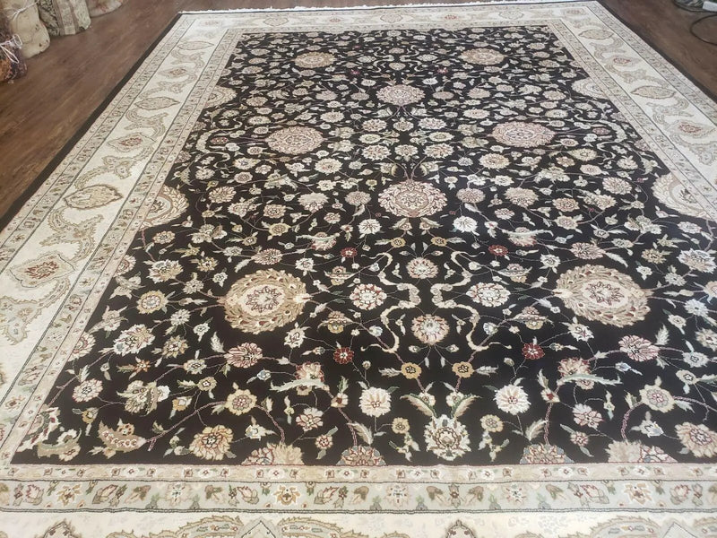 8' 5" X 11' 6" Vintage Handmade Oriental Floral Wool Rug Silk Accent Black Nice by Jewel Rugs