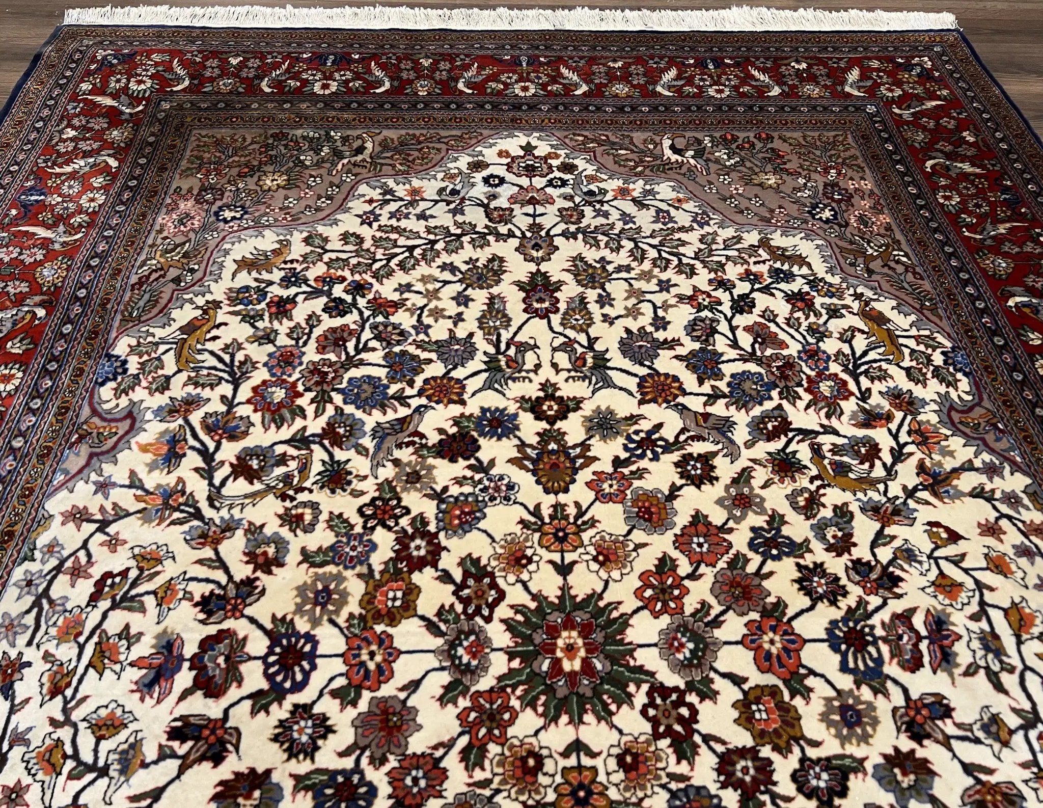 Beautiful Sino Persian Rug 7x10, Circle of Life Tree of Life Rug, Birds, Cream Red Navy Blue Taupe, Wool Silk Accents, Hand Knotted Vintage by Jewel Rugs