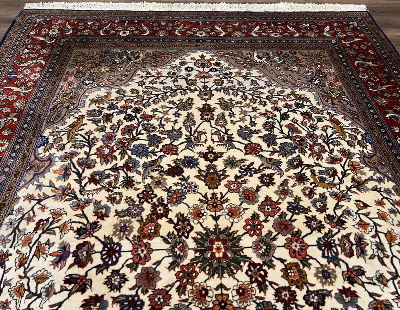 Beautiful Sino Persian Rug 7x10, Circle of Life Tree of Life Rug, Birds, Cream Red Navy Blue Taupe, Wool Silk Accents, Hand Knotted Vintage by Jewel Rugs