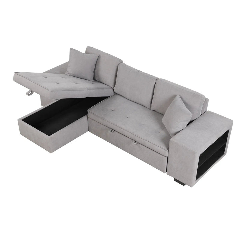 Modern L-Shape 3 Seat Reversible Sectional Couch, Pull Out Sleeper Sofa With Storage Chaise And 2 Stools For Living Room Furniture Set by HouseOfZazla