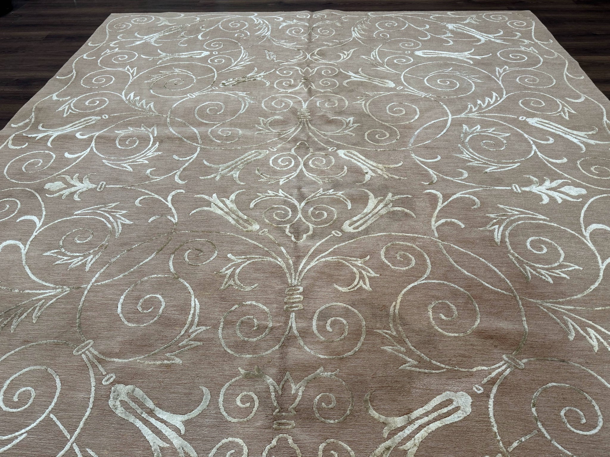 Tibetan Rug 9x12 Wool and Silk Beige Modern Handmade Carpet by Jewel Rugs