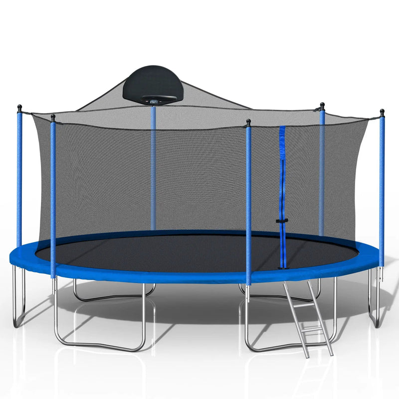 14Ft Trampoline For Adults & Kids With Basketball Hoop, Outdoor Trampolines With Ladder And Safety Enclosure Net For Kids And Adults, Double-Side Color Cover - Blue by HouseOfZazla