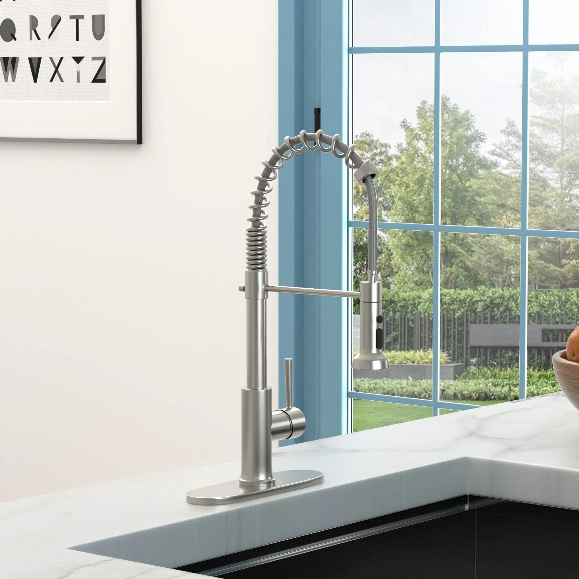 21" Commercial Kitchen Faucet With Dual Function Pull Down Sprayhead In, Stainless Steel - Brushed Nickel by HouseOfZazla