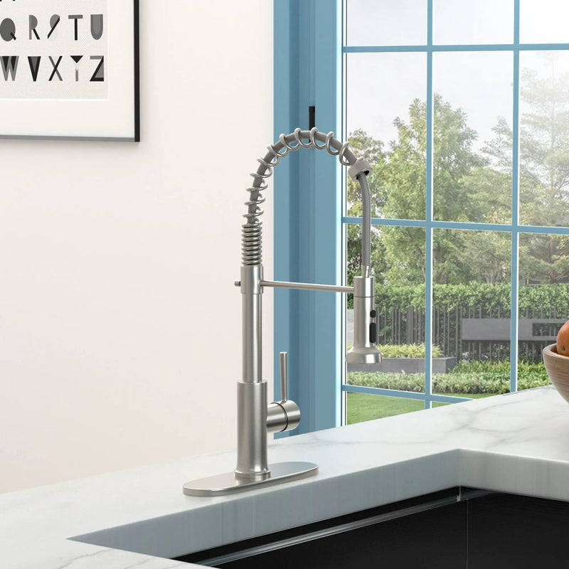 21" Commercial Kitchen Faucet With Dual Function Pull Down Sprayhead In, Stainless Steel - Brushed Nickel by HouseOfZazla
