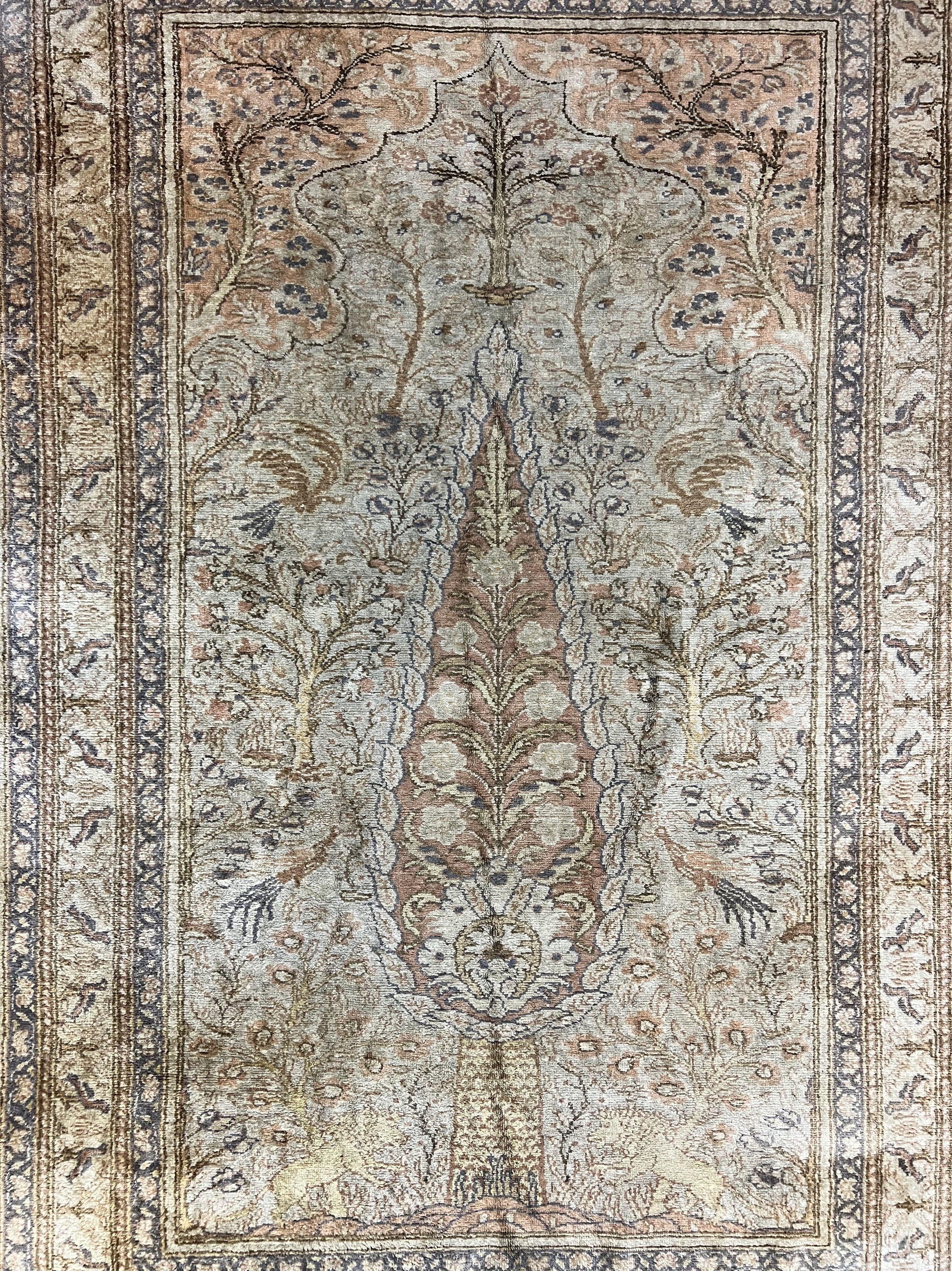 Turkish Kayseri Silk Rug 4x6, Tree of Life Pattern, Vintage Handmade Hand Knotted Carpet, Animal Pictorials, Birds by Jewel Rugs