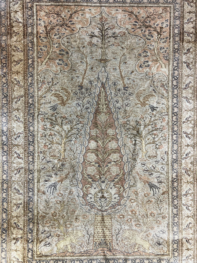 Turkish Kayseri Silk Rug 4x6, Tree of Life Pattern, Vintage Handmade Hand Knotted Carpet, Animal Pictorials, Birds by Jewel Rugs