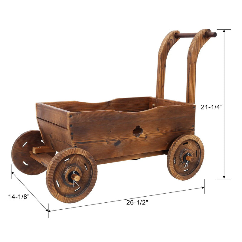 Wooden Wagon Planter Box Mobile Garden Planter With Wheels Handle Drain Hole Wood - Brown by Unique Piece Furniture