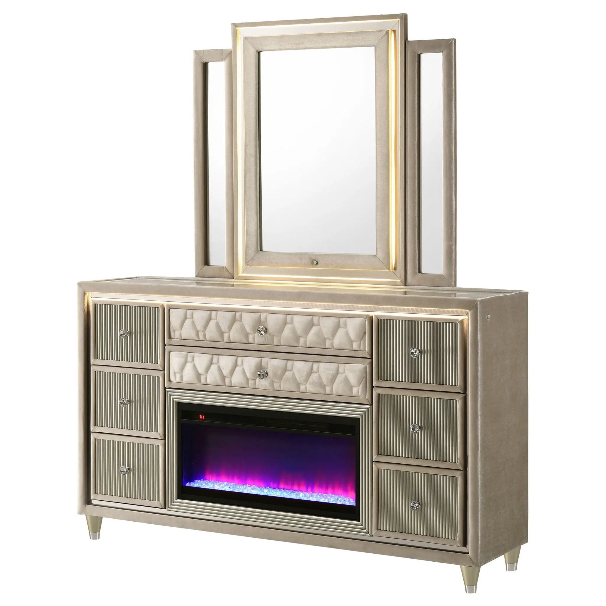 Lorient 8-drawer LED Flame Box Dresser and Mirror Ivory Camel by Unique Piece Furniture