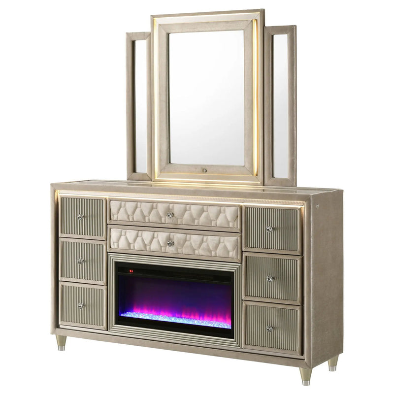 Lorient 8-drawer LED Flame Box Dresser and Mirror Ivory Camel by Unique Piece Furniture