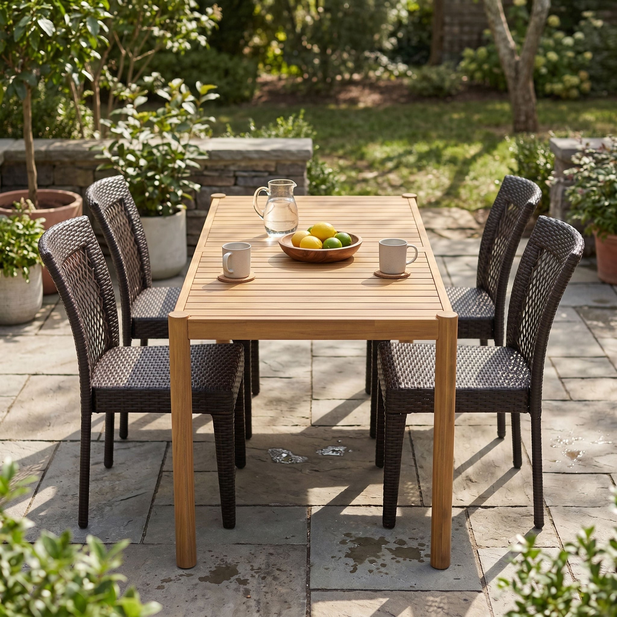5-Piece Outdoor Dining Set, Acacia Wood Rectangular Patio Table & 4 PE Rattan Iron Frame Dining Chairs by HouseOfZazla