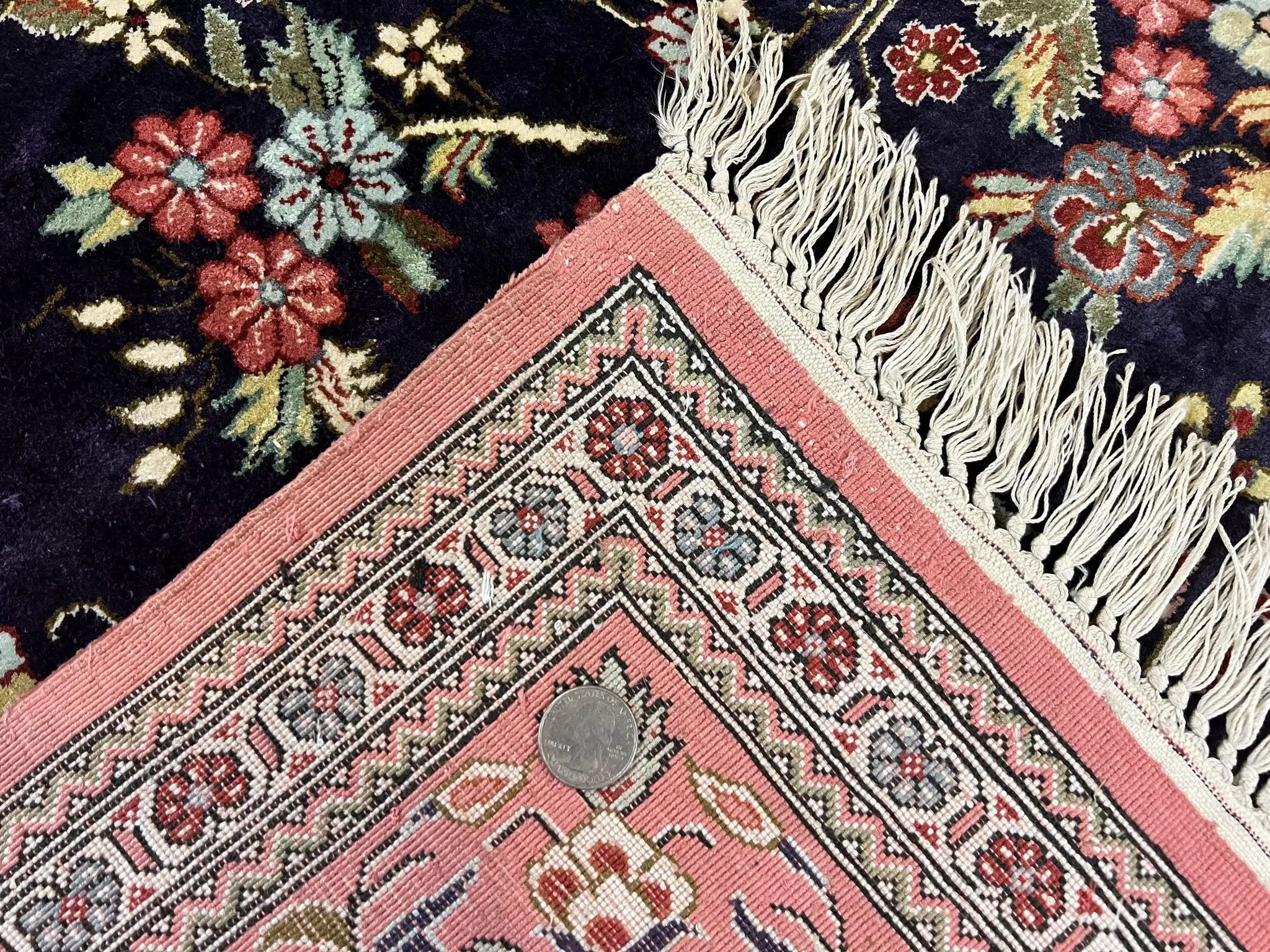 Stunning Silk Persian Qum Rug 7x9, Finely Hand Knotted Navy Blue & Salmon Floral Medallion Authentic Oriental Carpet, Vintage Handmade Silk Ghom Rug, Silk on Silk by Jewel Rugs