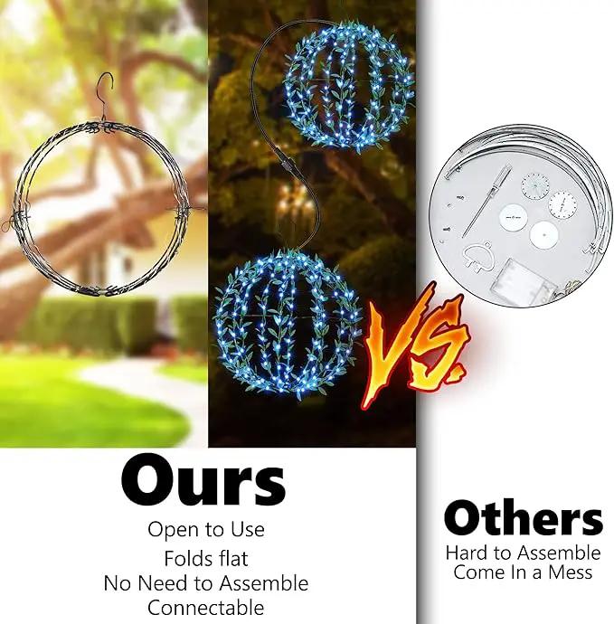 Flacchi Hanging Iron Sphere Lights with Artificial Greenery – 12Inch 120 LED Waterproof Outdoor/Indoor Decor Ball Light with Timer & 8 Modes – 2 Pack for Garden, Christmas, Weddings (Blue) by GreenHaven Gardens