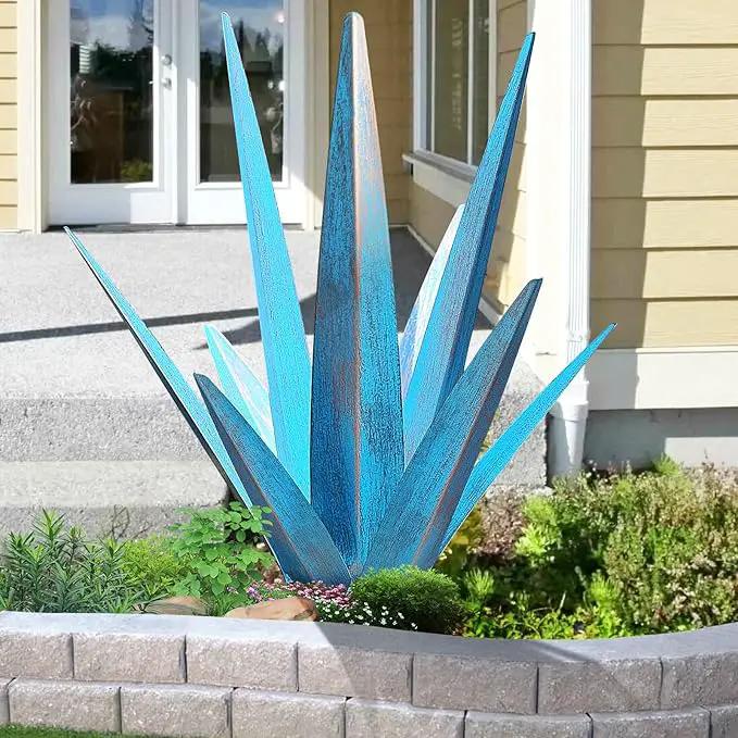 Large Tequila Rustic Sculpture, Rustic Metal Agave Plants for Outdoor Patio Yard, Home Decor Hand Painted Metal Agave Garden Yard Statue, Outdoor Lawn Ornaments Yard Stakes (Sky Blue - M) by GreenHaven Gardens