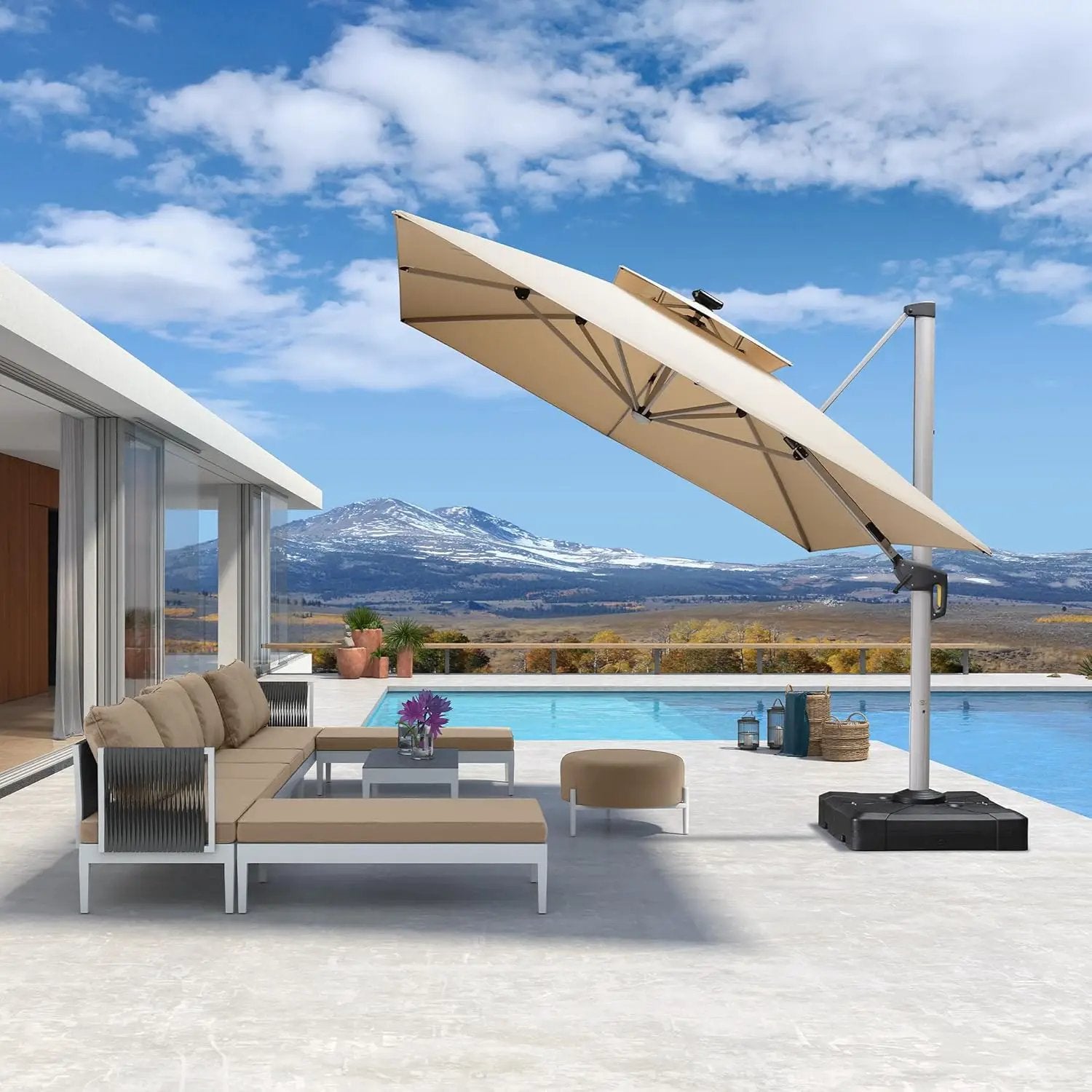 PURPLE LEAF 10' X 13' Double Top Deluxe Solar Powered LED Rectangle Patio Umbrella Offset Hanging Umbrella Outdoor Cantilever Umbrella, Beige by GreenHaven Gardens