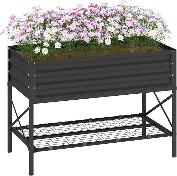 Outsunny Raised Garden Bed with Galvanized Steel Frame, Storage Shelf and Bed Liner, Elevated Planter Box with Legs for Vegetables, Flowers, Herbs, Dark Gray by GreenHaven Gardens