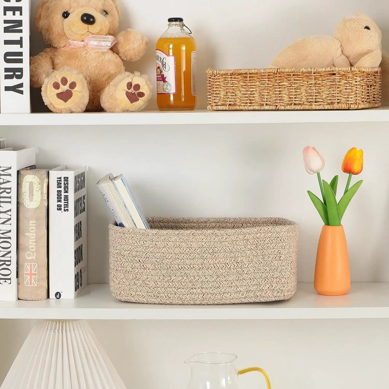 Small Storage Baskets for Organizing | Closet Organizer Bins | Shelf Toy Basket | Woven Rope Baskets | Cube Decorative Box | Shallow Basket | 11.5x7.5x4.7” | 4 Packs Mixed Brown by GreenHaven Gardens