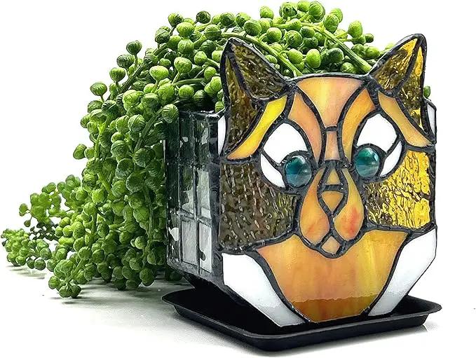 Stained Glass Yellow Cat Planter, Indoor Plant Tabletop Plant Display, Yellow Cat Small Plant Pot, Cat Terrarium Decor, Cat Decor Gift 4.6x3x5.15 in(Excluding Plants) by GreenHaven Gardens