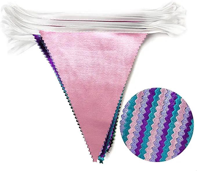 Mermaid Party Decorations Purple Pink and Teal Aqua Metallic Fabric Triangle Pennant Banner Flag Bunting Garland for Mermaid Under the Sea Birthday Wedding Baby Shower Engagement Party Supplies by GreenHaven Gardens
