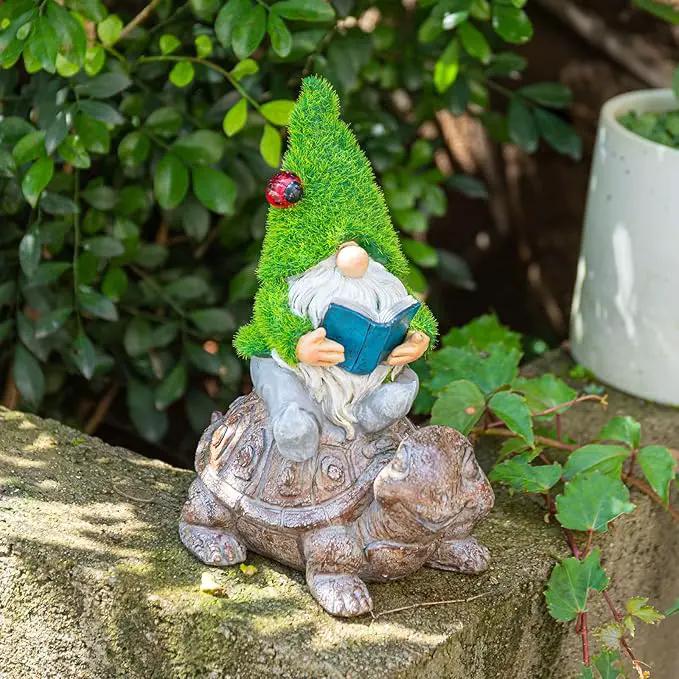 Garden Gnome Sitting on Turtle Outdoor Statues and Sculpture with Solar Lights, Garden Gnome Solar Statues and Turtle Figurines for Patio Yard Lawn Porch Decorations by GreenHaven Gardens