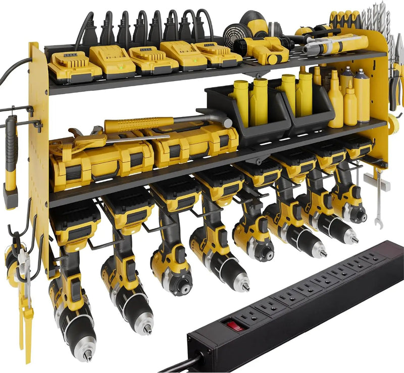 Suchtale Power Tool Organizer with Charging Station,33.2" Garage 8 Drill Holders Wall Mount,3 Layers Heavy Duty Metal Tool Shelf with 8 Outlets Power Strip, Gift for Men, Father, Yellow by GreenHaven Gardens