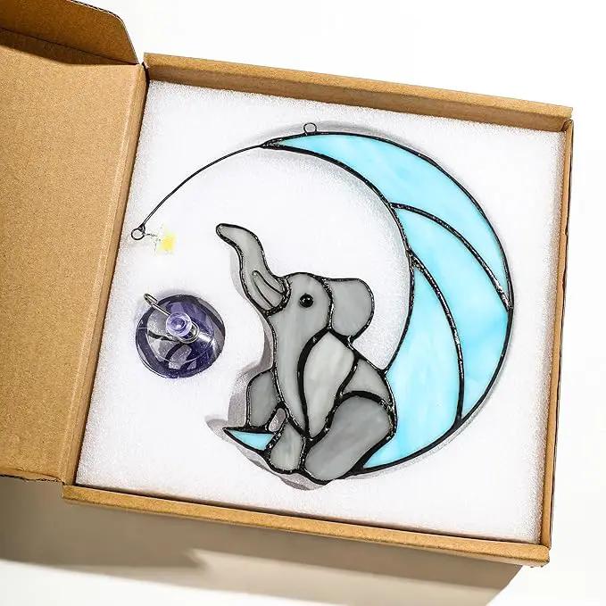HDCRYSTALGIFTS Glass Elephant Ornament Stained Glass Window Hanging Decor, Modern Design Elephant on Moon with Star Collectibles Handcrafted Sun Catcher Gifts for Birthday Women by GreenHaven Gardens