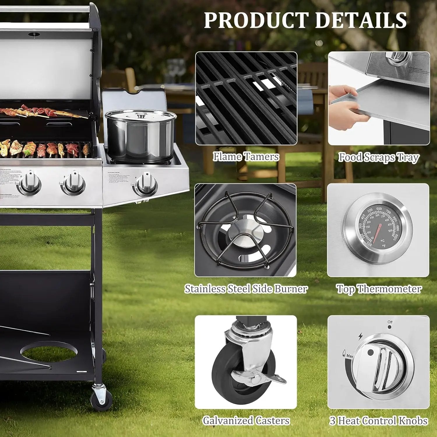 Unovivy 3-Burner Propane Gas BBQ Grill with Side Burner & Porcelain-Enameled Cast Iron Grates Built-in Thermometer, 39,000 BTU Outdoor Cooking, Patio, Garden Barbecue Grill, Black and Silver by GreenHaven Gardens