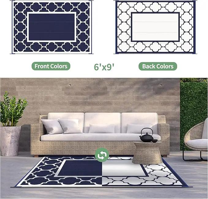 GENIMO 6' x 9' Outdoor Rug Waterproof for Patio Decor, Foldable Reversible Plastic Straw Area Rugs Mat for Camper, Outside Carpet for Rv, Deck, Porch, Picnic, Beach, Balcony, Blue & Grey