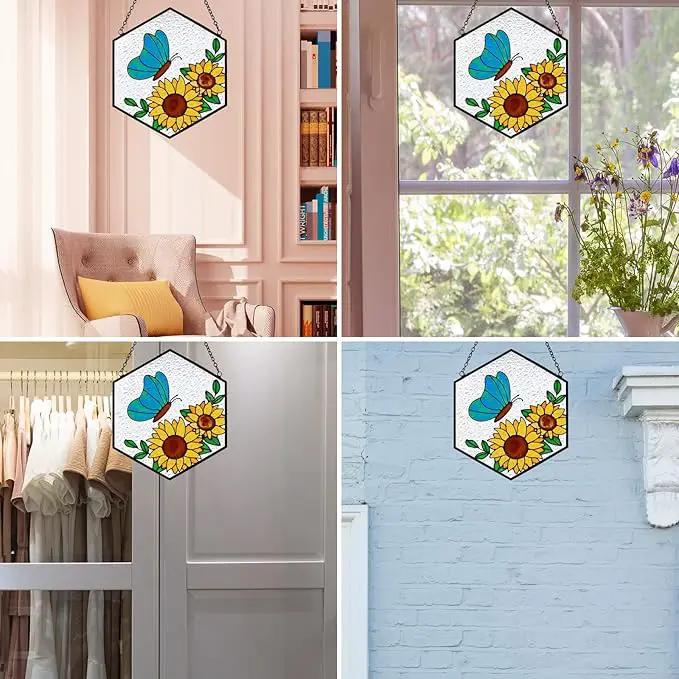 Butterfly Sunflower Stained Glass Suncatchers Windows Hanging Decorative,Hand Paint Sun Sunflower Catchers Indoor Ornaments with Stick Hook,Memorial Gifts for Mom/Women by GreenHaven Gardens