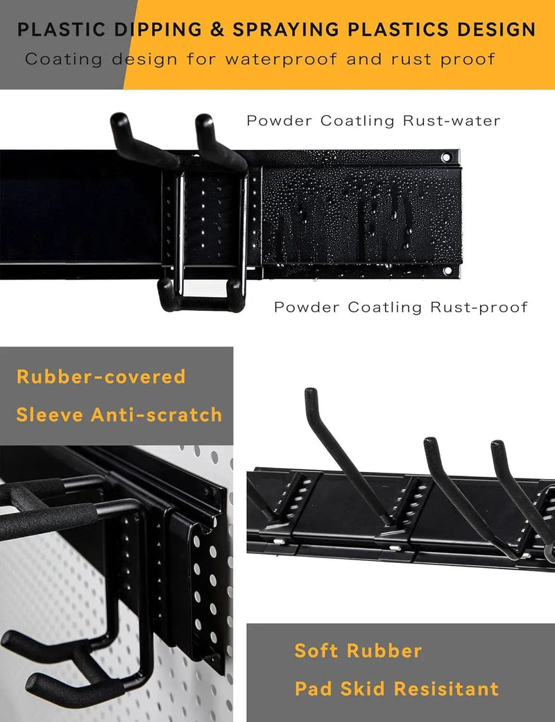 96 Inch Wall Mount Garden Tool Organizer, Garage Storage, Adjustable with 12 Heavy Duty Hooks and 4 Cable Ties, Max Load 960lbs, Black Iron, 96 x 1 x 4 Inches by GreenHaven Gardens