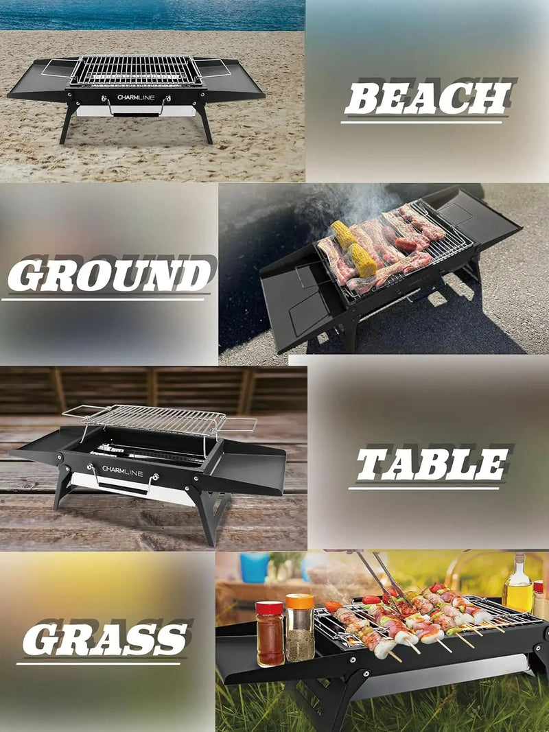 Charmline 14x9inch Foldable Portable Grill Charcoal, Compact Portable Grill for Outdoor Use, Desktop Charcoal Grill, BBQ Grill for Camping, Picnics, Gardens and Beach Parties, Green, Black by GreenHaven Gardens