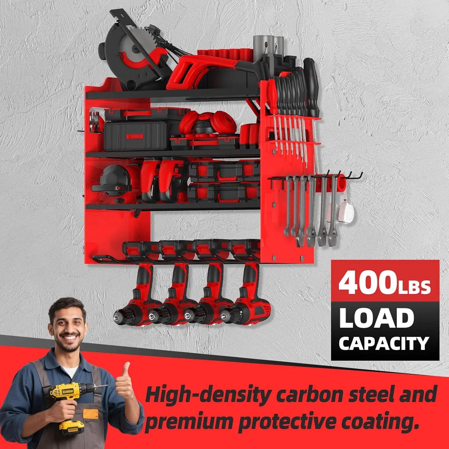 Power Tool Organizer Wall Mount with 4-Drill Holders-400Lbs Load Heavy Duty Metal 4-Layers Garage Storage & Organization Battery Tools Rack with Side Panels Utility Racks Workshop Gifts for Men by GreenHaven Gardens