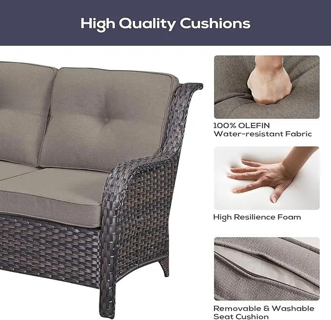 Outdoor Patio Furniture Set with Propane Fire Pit Table, 7 Pieces Wicker Patio Conversation Set with 2 Swivel Glider Rocker Chair Rattan Sofa Grey Cushion Perfect for Casual Gathering by GreenHaven Gardens