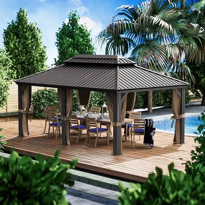 Kozyard Alexander 12' X 18' Hardtop Permanent Aluminum Metal Gazebo with Galvanized Steel Double Roof Canopy, Curtain and Netting, Gazebo Pavilion for Patio, Backyard, Deck, Lawn (Brown) by GreenHaven Gardens