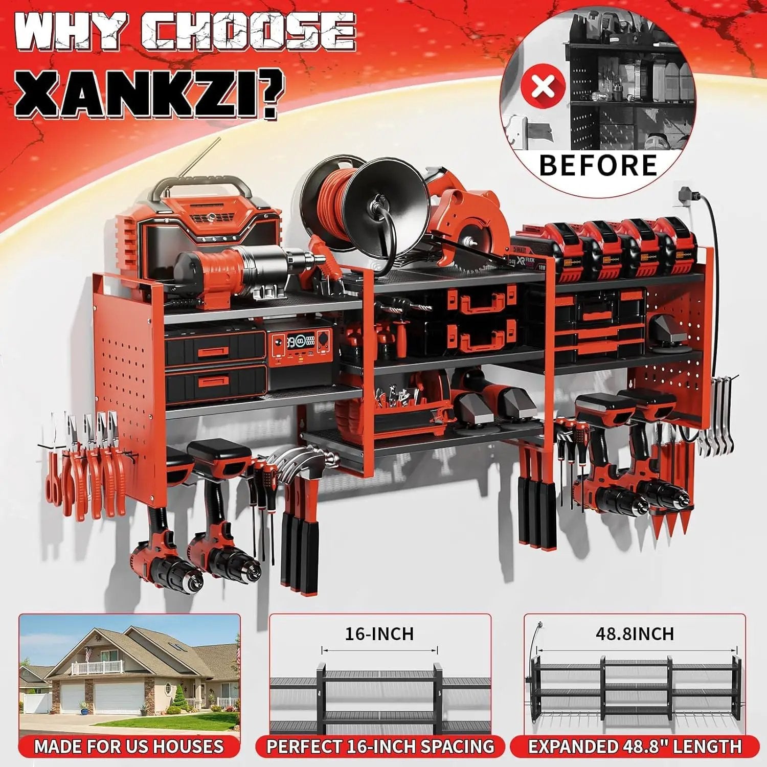 Power Tool Organizer with Charging Station Wall Mount, 3 Layer Expanded Heavy Duty Garage Organization, 48.8 Inch Length Garage Tool Storage, 4 Drill Slot, 16" Standard Hole, Red by GreenHaven Gardens