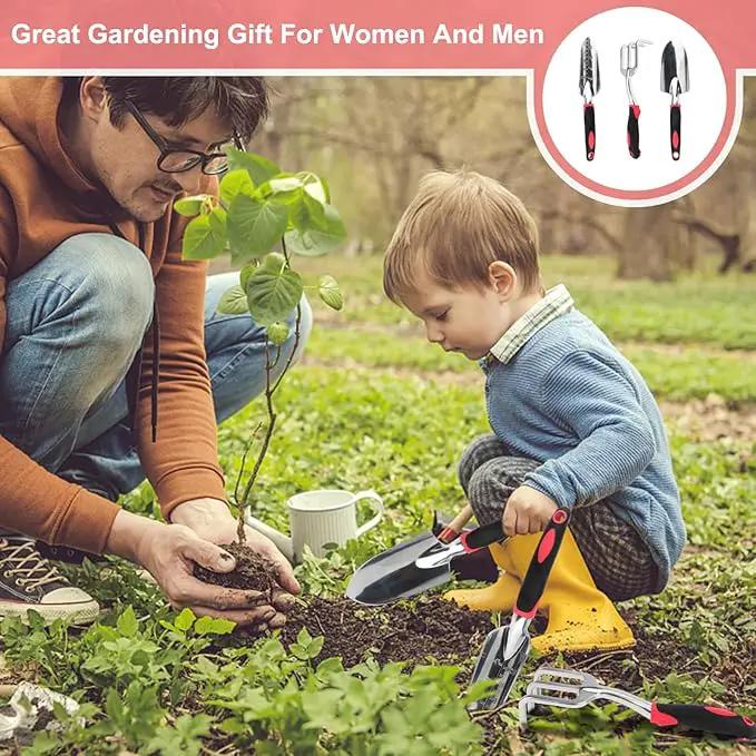 Garden Tool Set, 3PCS Heavy Duty Aluminum Gardening Tools with Soft Non-Slip Ergonomic Handle, Including Hand Trowel, Transplant Trowel and Cultivator Hand Rake for Planting, Digging, Weeding by GreenHaven Gardens