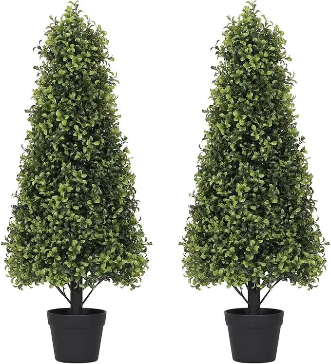 3ft Artificial Boxwood Topiary Trees (Set of 2) - UV Resistant Faux Plants Outdoor, Realistic 36in Fake Cone Bushes and Shrubs for Front Porch, Planter, Patio - Low Maintenance & Evergreen by GreenHaven Gardens