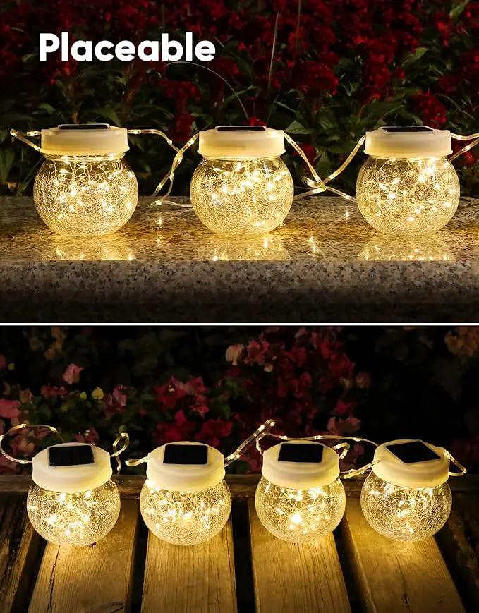 Solar Lantern Solar Lights Outdoor Waterproof 2-Pack, Solar Powered Hanging Lights Cracked Glass Hanging Globes for Christmas Decoration, Shepherd Hook, Garden Tree Ornaments, White Cap, Warm White by GreenHaven Gardens