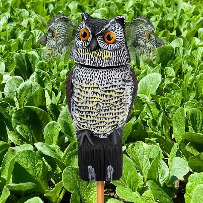 Owl Decoys to Scare Birds & Squirrels Away, 360 Rotating Head, Plastic Garden Owls for Indoor/Outdoor Use by GreenHaven Gardens