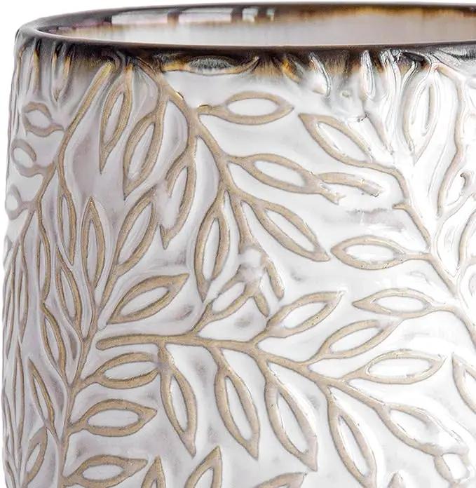 D'vine Dev 6 Inch Embossed Leaves Stoneware Planter Pot with Drainage Hole and Saucer, Smoked White, Set of 1, 27-A-X-1 by GreenHaven Gardens
