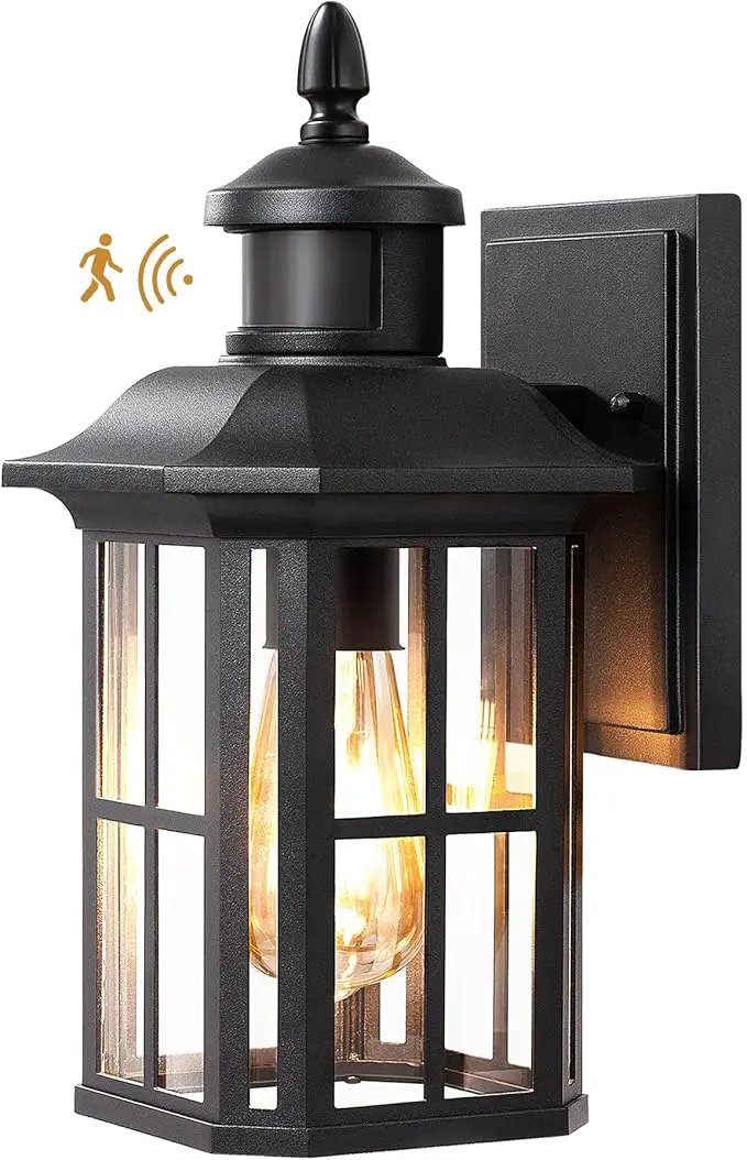 EDISHINE Motion Sensor Outdoor Wall Light, Dusk to Dawn Front Porch Light Fixture, Outdoor Wall Sconce with Clear Glass, Black Exterior Wall Lantern for Door, Garage, Patio, House by GreenHaven Gardens