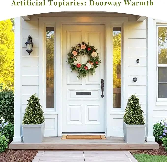 30" Artificial Boxwood Topiary Trees Outdoor Set of 2 - UV Resistant Faux Plants for Front Porch Outside Planter, Realistic Fake Cone-Shaped Bushes & Shrubs 2.5ft by GreenHaven Gardens