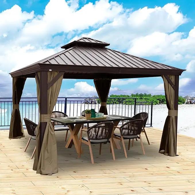Kozyard Alexander 12' X 12' Hardtop Gazebo, Aluminum Metal Gazebo with Galvanized Steel Double Roof Canopy, Curtain and Netting for Patio Backyard Deck Lawn Brown by GreenHaven Gardens