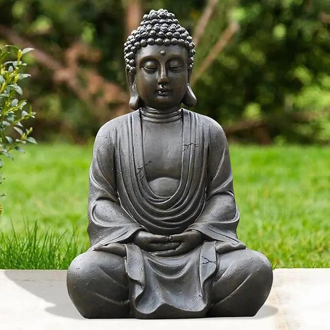Goodeco 11.4" Meditating Buddha Statue Home Decor - Meditation Gifts for Room/Garden/Patio/Deck/Porch Yard Art Decoration, Zen Decor Buda Statues with Natural Wood Beaded Necklace by GreenHaven Gardens