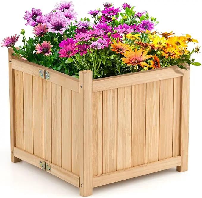 S AFSTAR Outdoor Wooden Planter Box, Folding Raised Garden Bed W/Drainage Hole, Patio Square Plant Container for Flowers, Vegetables, Fruits, Herbs, Collapsible Planting Box for Yard, 15" x 15" x 14" by GreenHaven Gardens