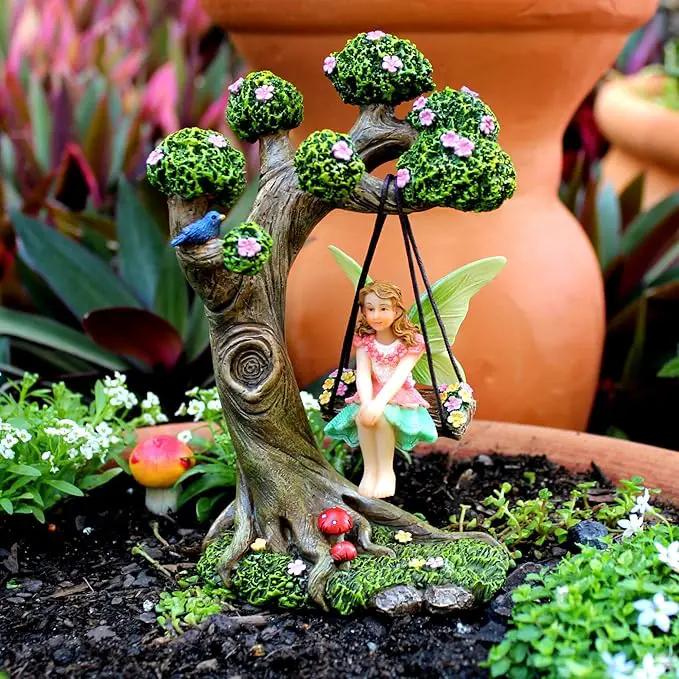 Fairy Garden Accessories Outdoor - Fairy Garden Kit with Fairies for Fairy Garden - Miniatures for an Outdoor Garden, a Fairy Tree Swing, Figurines & Puppy by GreenHaven Gardens
