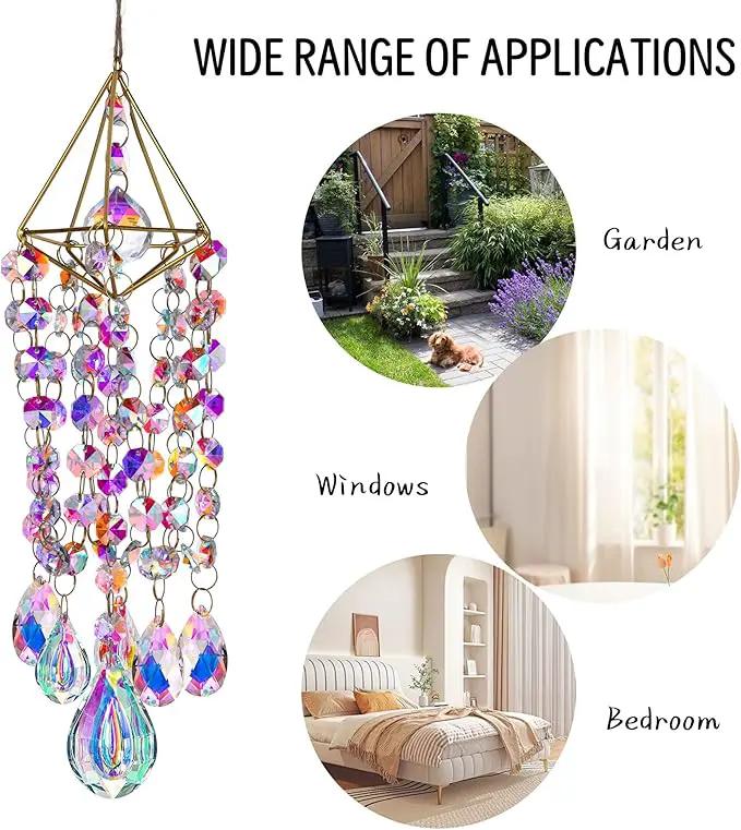 HDCRYSTALGIFTS Crystal Suncatchers for Window Hanging Wind Chime Style Garden Sun Catchers with Crystals Rainbow Maker Indoor Outdoor Decor Handmade Gold Plated by GreenHaven Gardens
