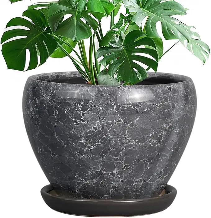 Ceramic Planters for Indoor Plants - 10 Inch Plant Pot with Drainage Hole and Saucer, Large Flower Pot for Home Decor, Gray by GreenHaven Gardens